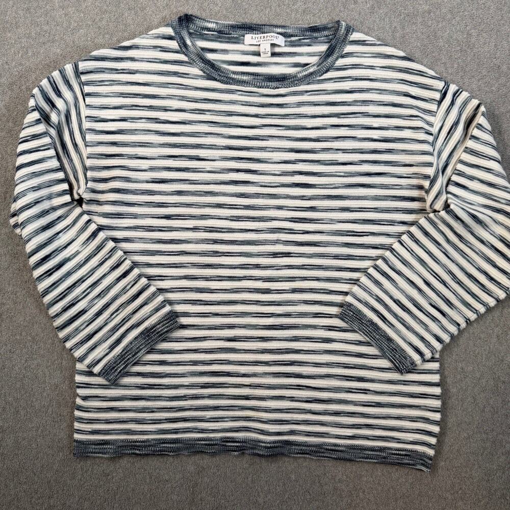 Liverpool Los Angeles Women's Small Striped Knit Top Crew Neck Blue Textured